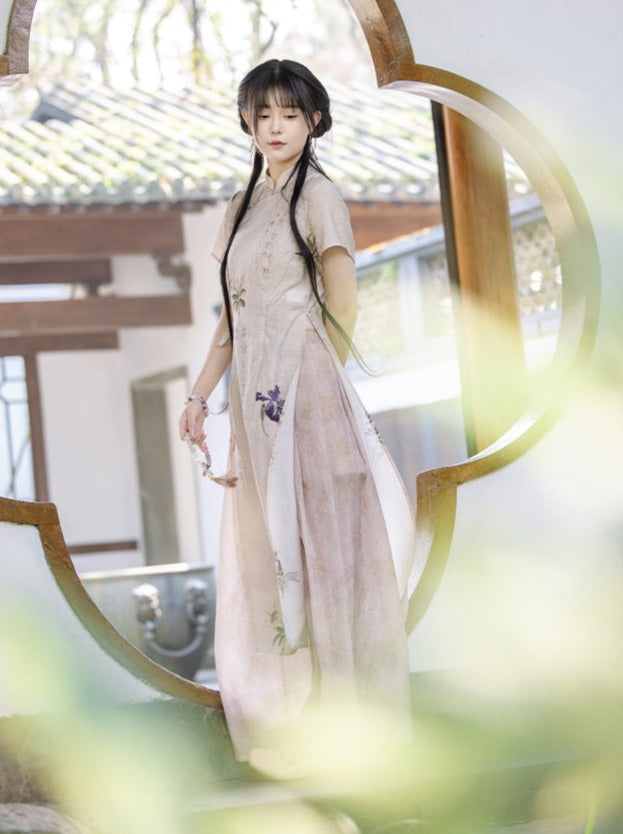 Retro Cheongsam Dress + Wide Leg Pants