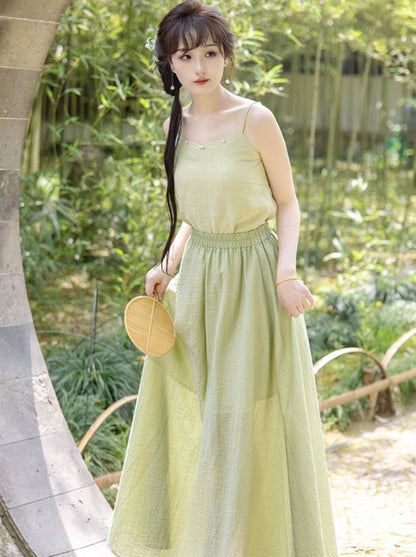 Summer Green Retro Chinese-style Top + Inner Camisole + Long Skirt