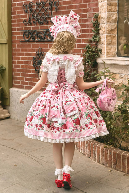 [pre-order Deadline: April 29] Strawberry Rabbit Ear Ribbon Shirt + Ruffled Shoulder Lace Ribbon Jk School Uniform Dress + Full Set/complete Set