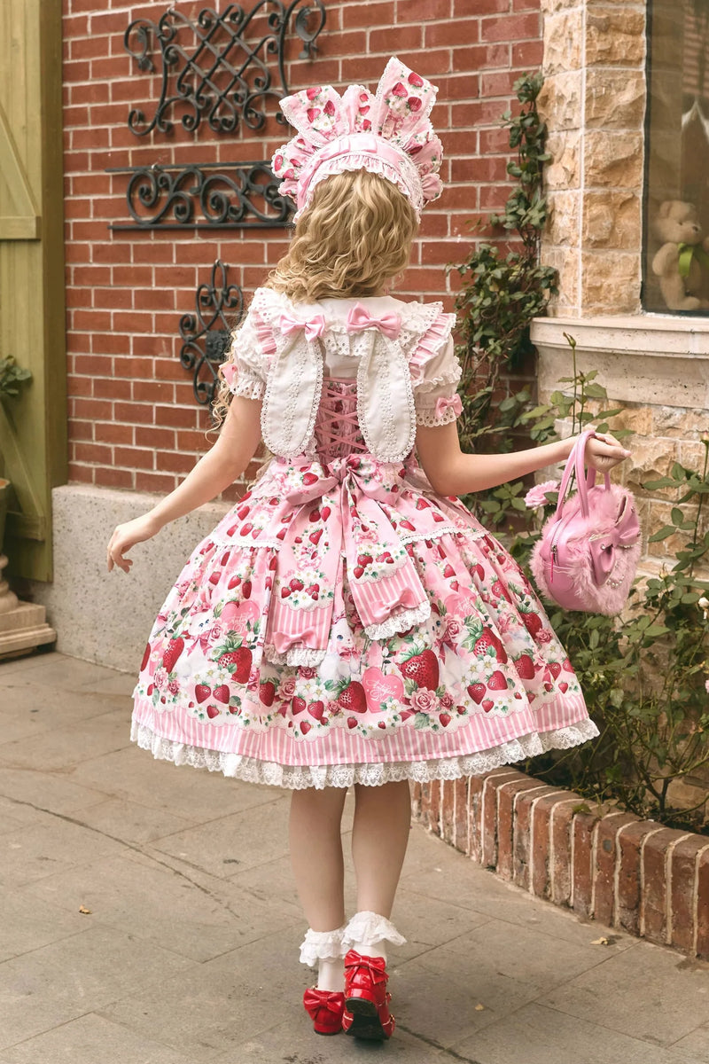 [pre-order Deadline: April 29] Strawberry Rabbit Ear Ribbon Shirt + Ruffled Shoulder Lace Ribbon Jk School Uniform Dress + Full Set/complete Set