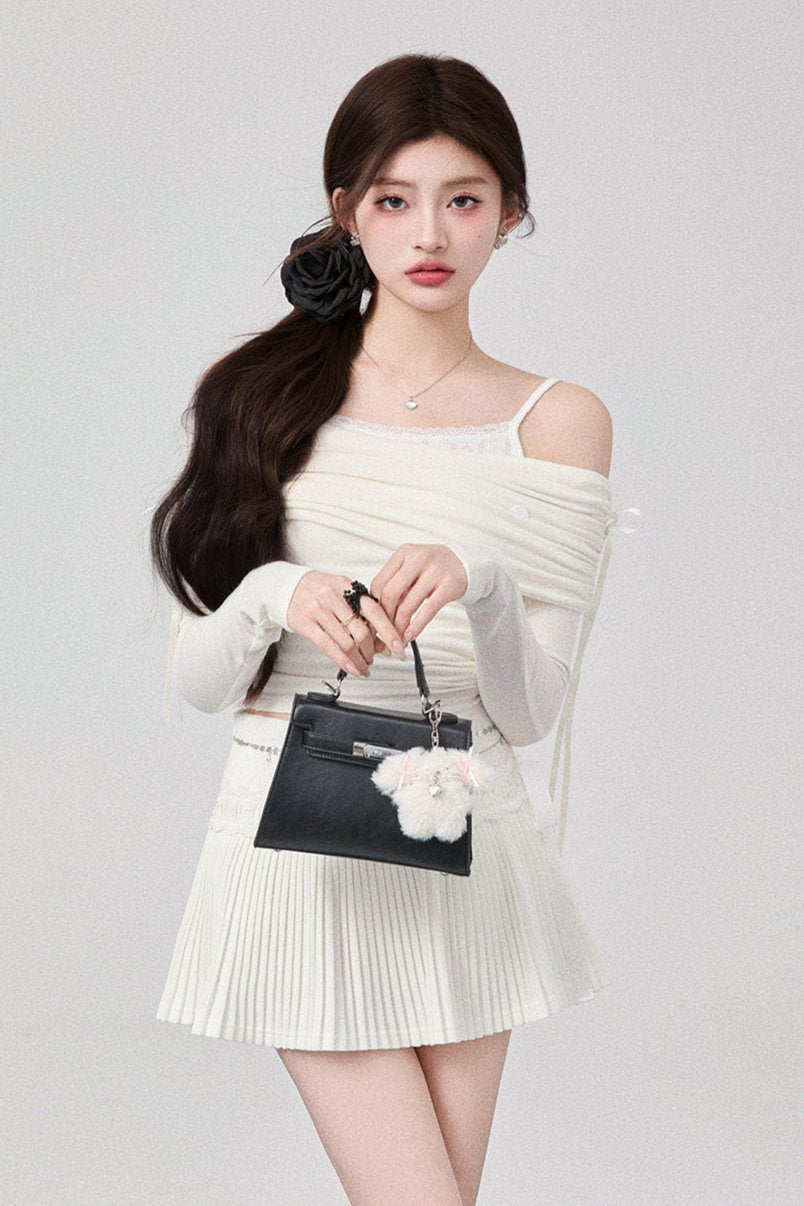 Bow One Shoulder Knit Top + Pleated Skirt + Ribbon Tiered Skirt