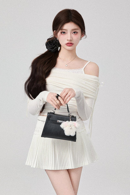 Bow One Shoulder Knit Top + Pleated Skirt + Ribbon Tiered Skirt