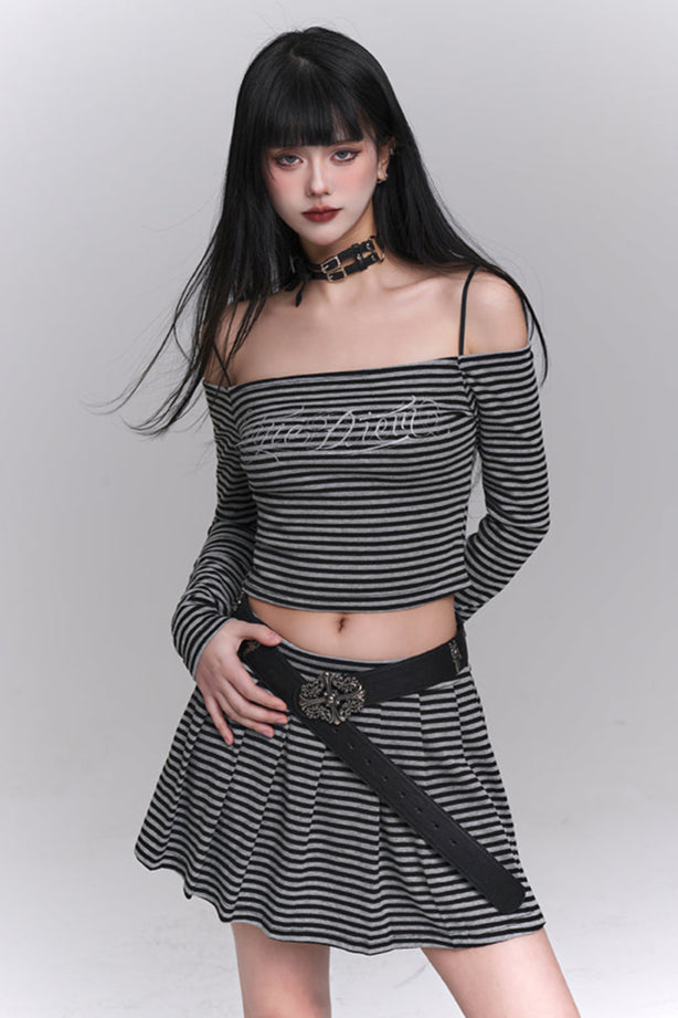 Striped Off-shoulder Top + Short Skirt