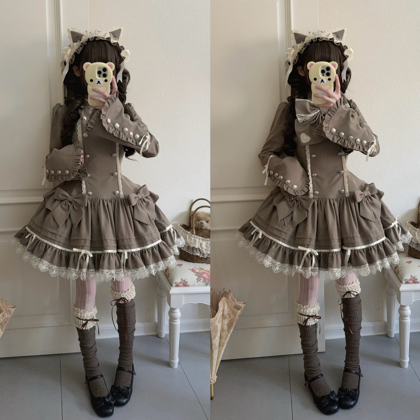 [pre-order Deadline: April 25] Phantom Cat Sweet Ribbon Stripe Lace Bell Sleeve Lolita Dress