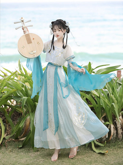 Blue Falling Sea Chinese-style Embroidery Fairy Suit