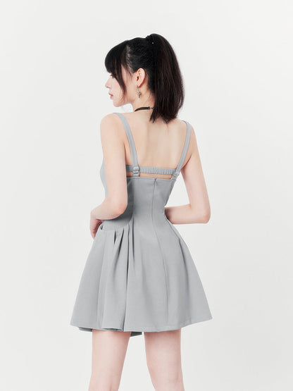 Hot Girl Black & Gray Square Neck French High End Suspender Dress