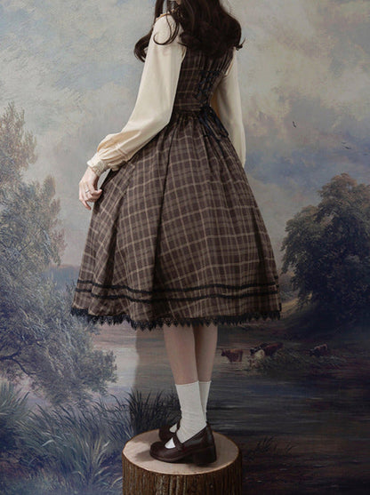 Forest Brown Plaid Belt V Neck Dress