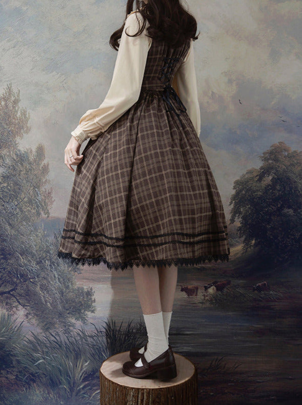 Forest Brown Plaid Belt V Neck Dress