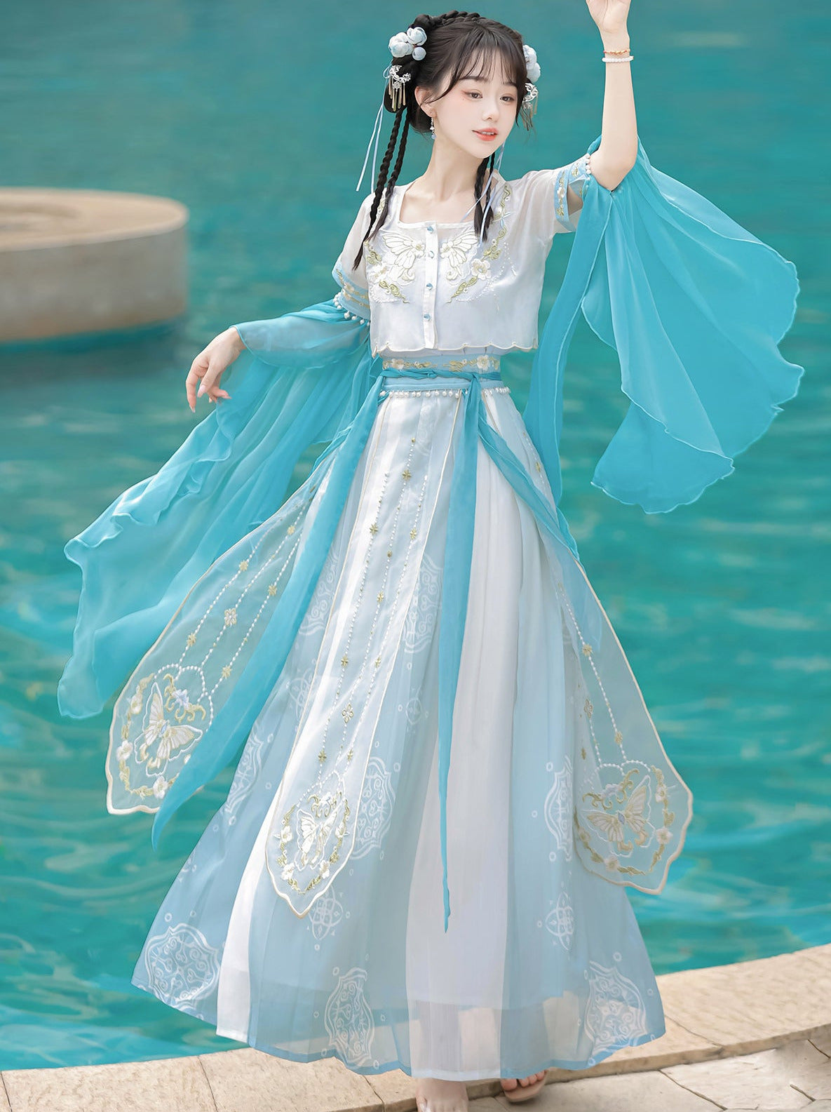 Blue Falling Sea Chinese-style Embroidery Fairy Suit