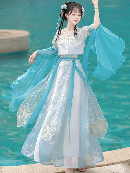 Blue Falling Sea Chinese-style Embroidery Fairy Suit