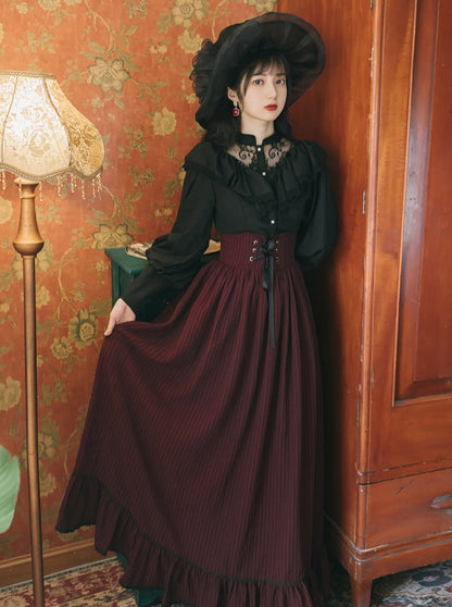 Ruffle Lace Blouse + Striped Corset Skirt