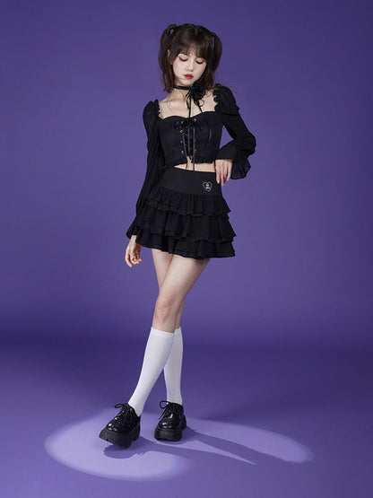 Lace-up Volume Sleeve Short Top + Tiered Skirt