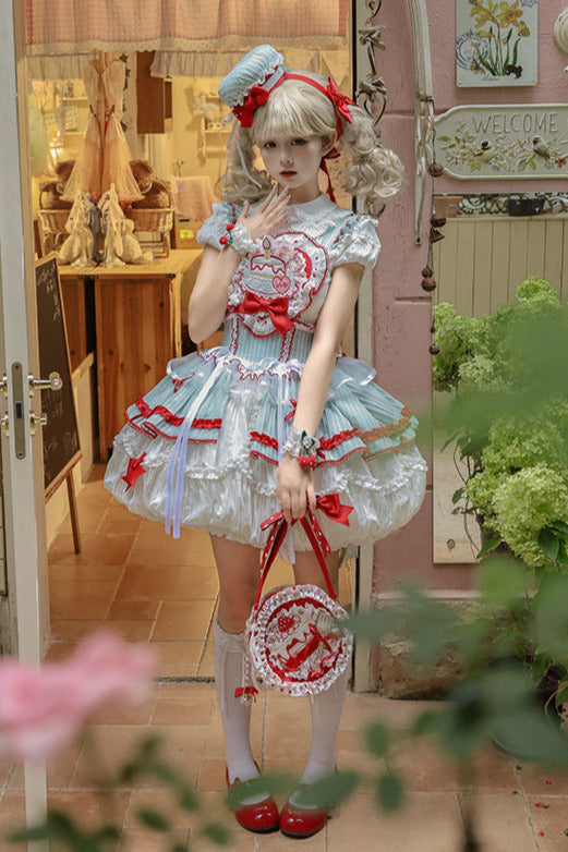 [pre-order Deadline: April 3] Twin Tiered Lolita Dot Ribbon Striped Dress + Flower Bud Skirt Dress