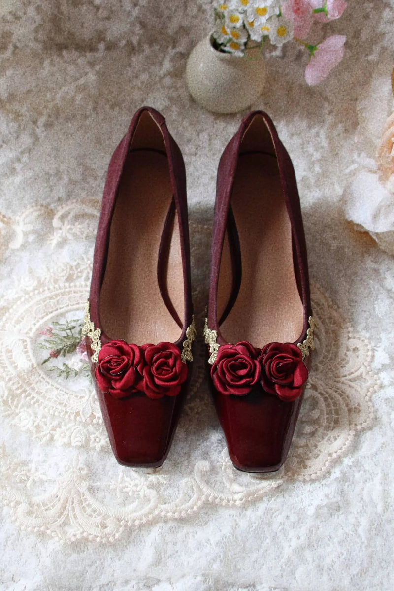 Retro Square Toe French Leather Stitch Flat Heel