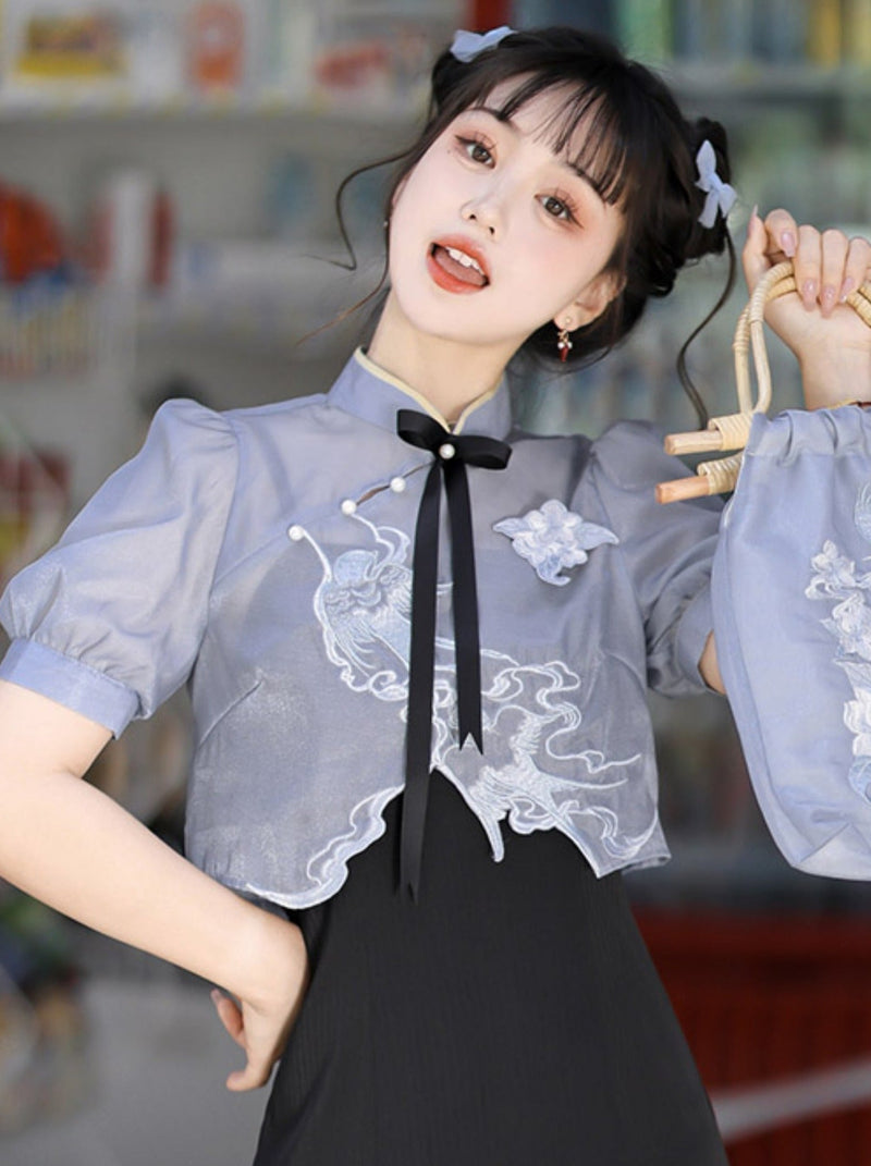 Sheer Short Chinese-style Shirt + Suspender Dress [short / Long] + Bag