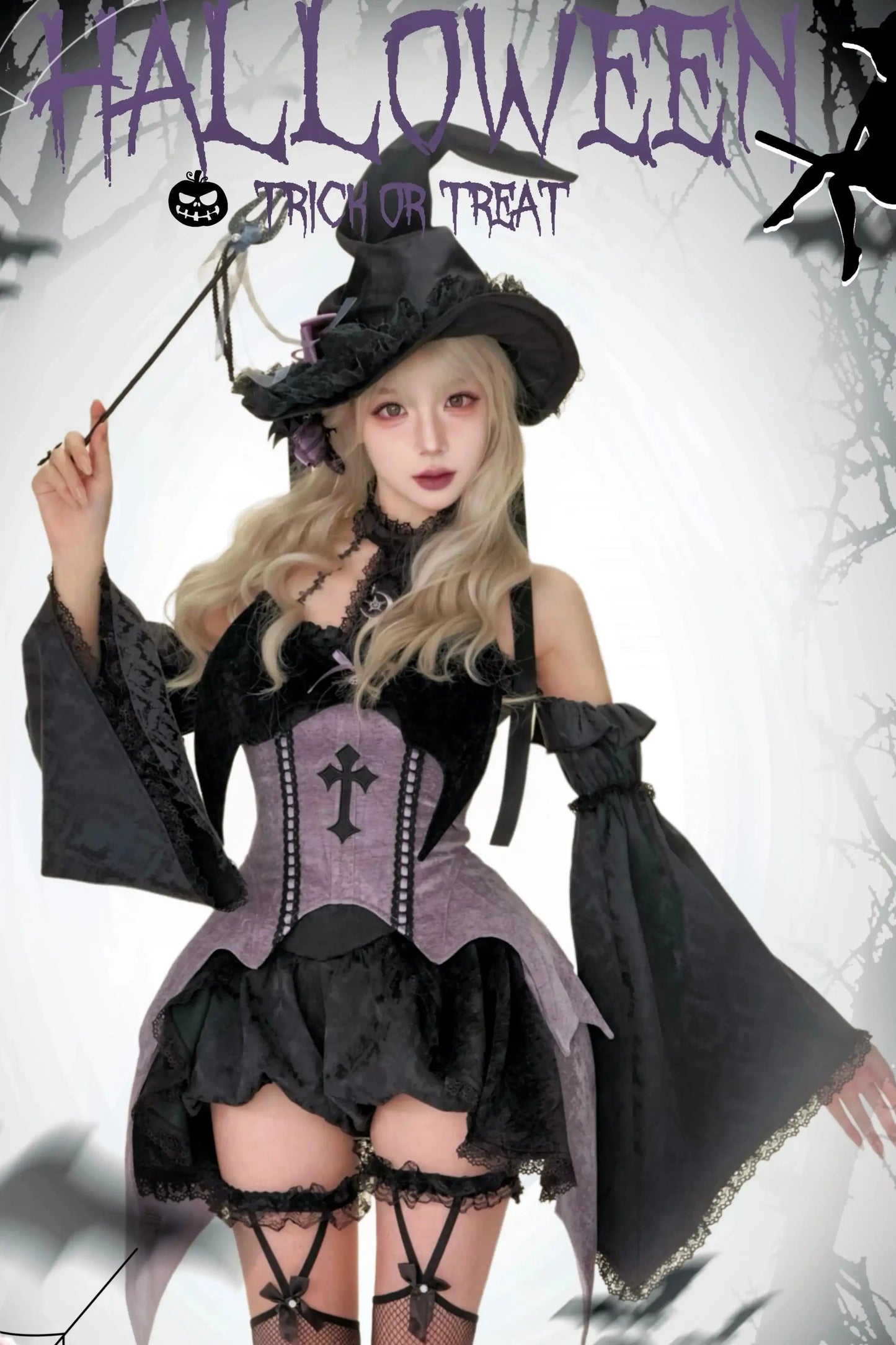 Witch Pumpkin Pants Bat Bell Sleeve Set