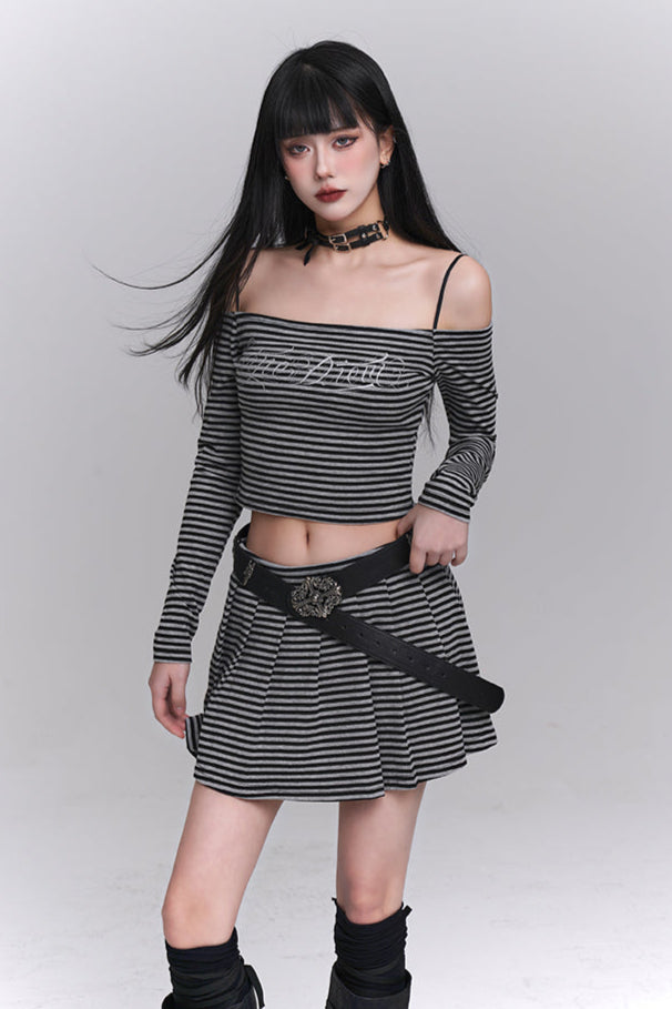 Striped Off-shoulder Top + Short Skirt