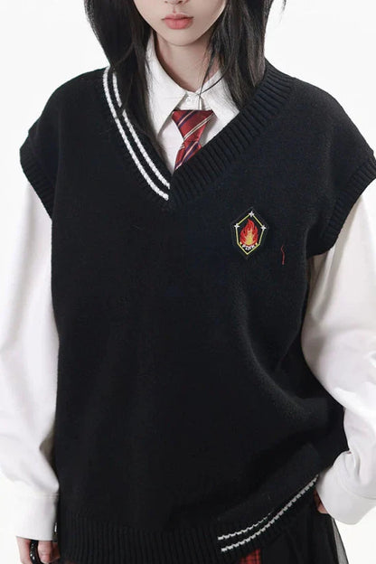 College Knit Vest + Shirt + Long Skirt + Pants + Tie