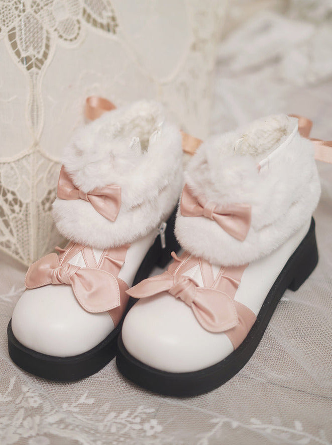Snow Lolita Mid-heel Color Block Ribbon Sweet Velvet Short Boots