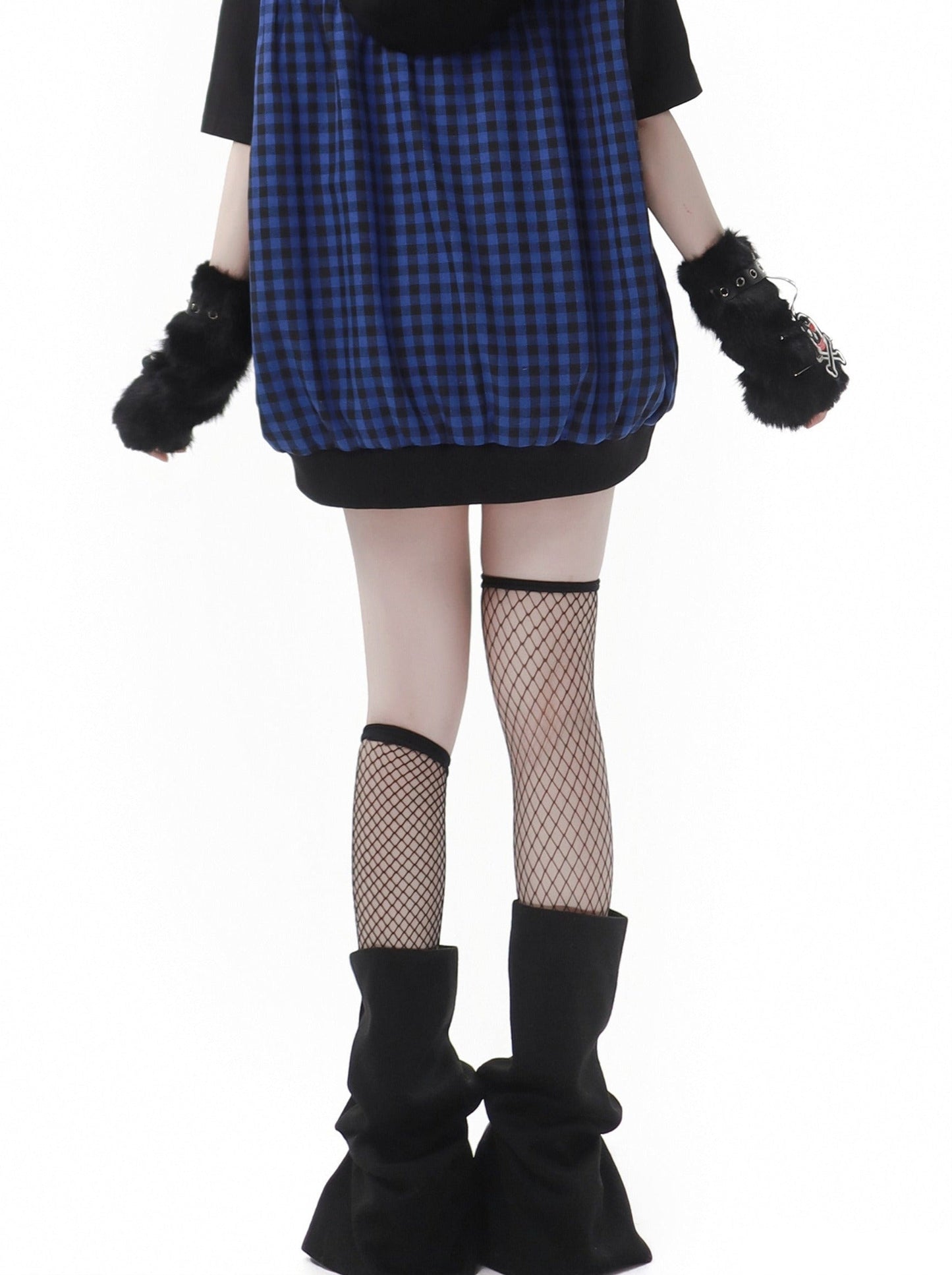 Blue Plaid Stitch Cat Ear Hoodie Summer Strap Design Suit