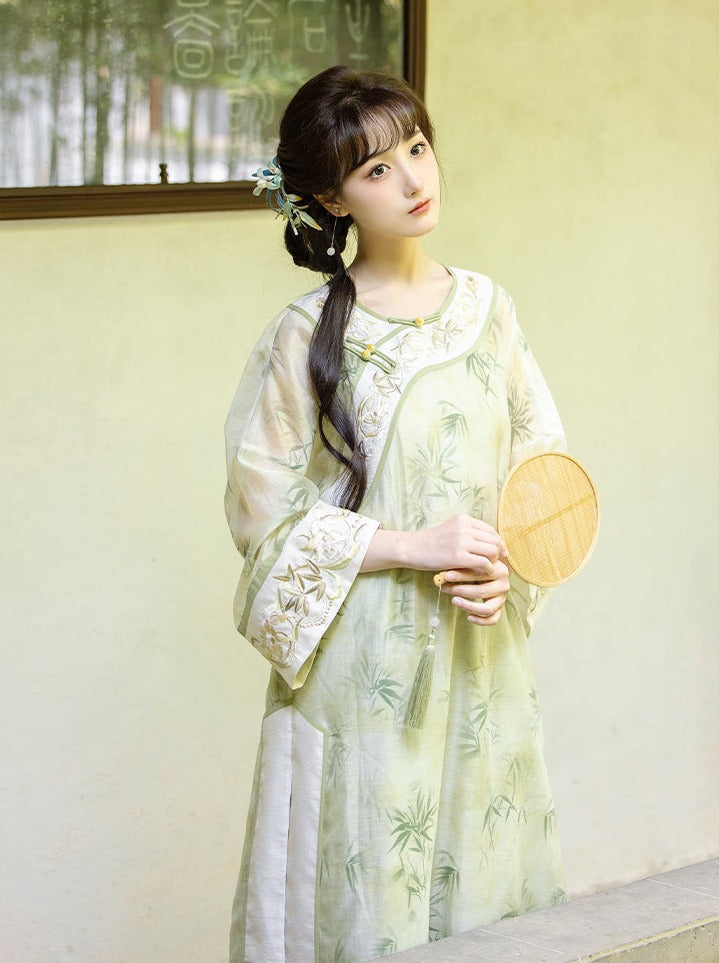 Summer Green Retro Chinese-style Top + Inner Camisole + Long Skirt