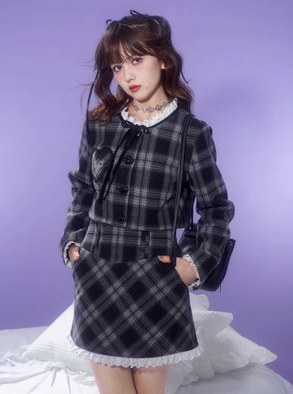 Dark Color Check Jacket + Lace Check Skirt