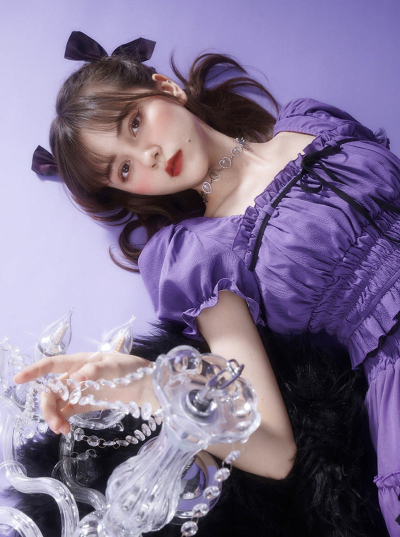 Chiffon Waist Square Collar Puff Sleeve Princess Set