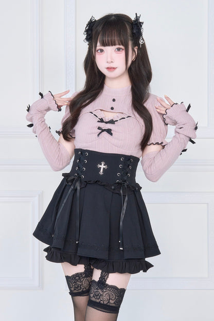[pre-order] Knit Top With Ribbon Sleeves + Gothic Cross Lace Up Skirt