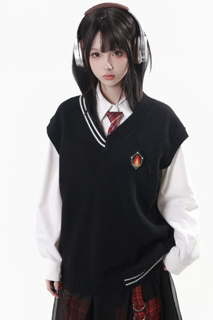 College Knit Vest + Shirt + Long Skirt + Pants + Tie