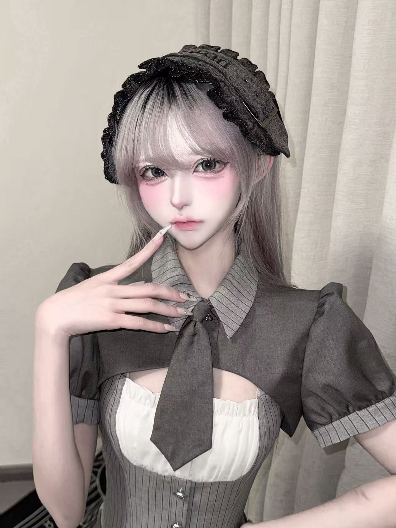 [pre-order Deadline: April 15] Gray Pinstripe Tie Collar Short Jacket Dress Full Set + Jewel Casquette