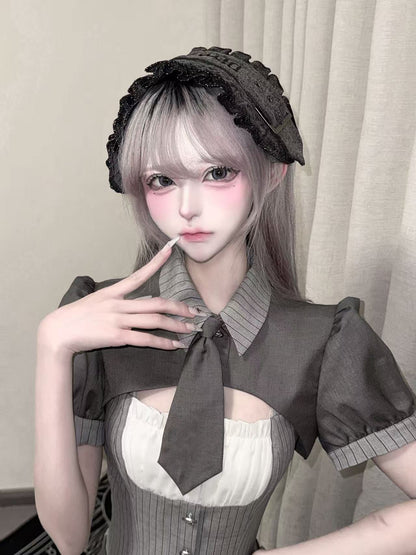[pre-order Deadline: April 15] Gray Pinstripe Tie Collar Short Jacket Dress Full Set + Jewel Casquette