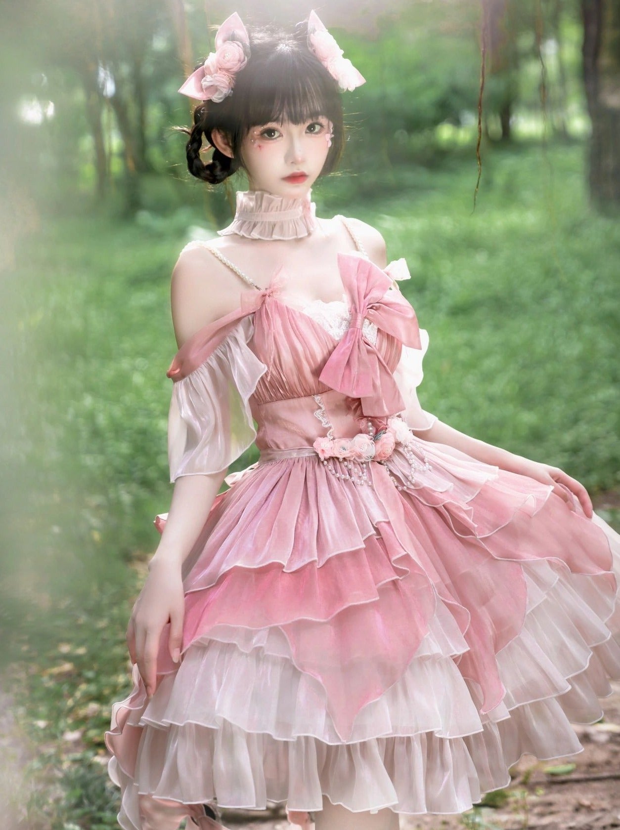 Sweet Pink Ribbon Wedding Lolita Dress + Waist Chain + Tail + Hair Accessory + Accessory