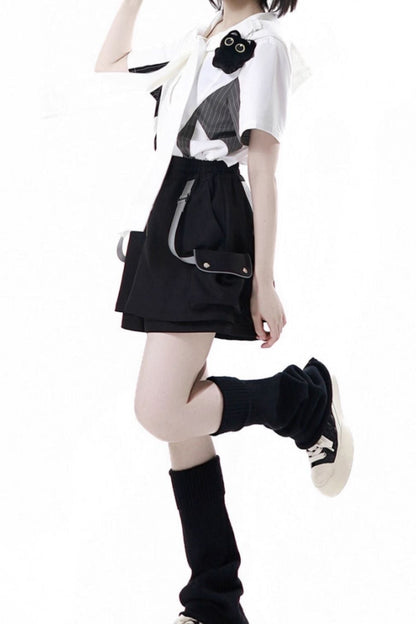 Stripe Stitch Design Shirt + Hooded Shirt + Shorts + Culottes + Tie