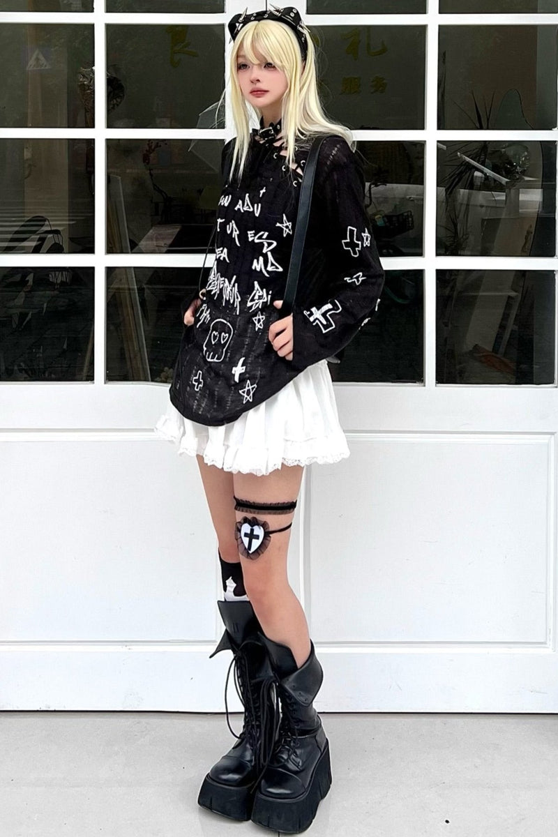 Lazy Style Cross Print Slim Knit Top Set