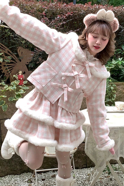 Peach Plaid Sweet Bow Coat + Plaid Tight Skirt + Fur Plaid Skirt