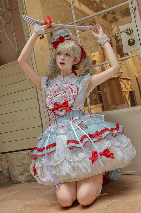 [pre-order Deadline: April 3] Twin Tiered Lolita Dot Ribbon Striped Dress + Flower Bud Skirt Dress
