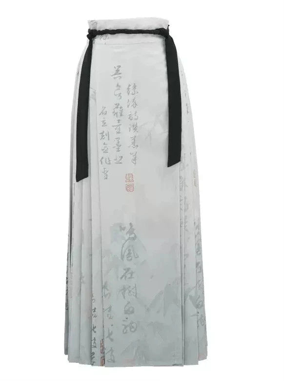 Chinese-style Retro Black Shirt + Gray Print Long Skirt