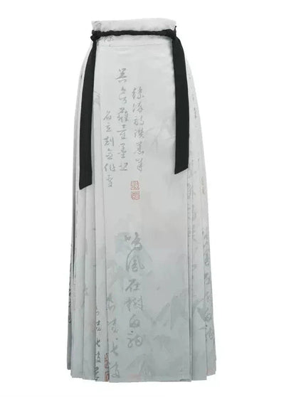 Chinese-style Retro Black Shirt + Gray Print Long Skirt