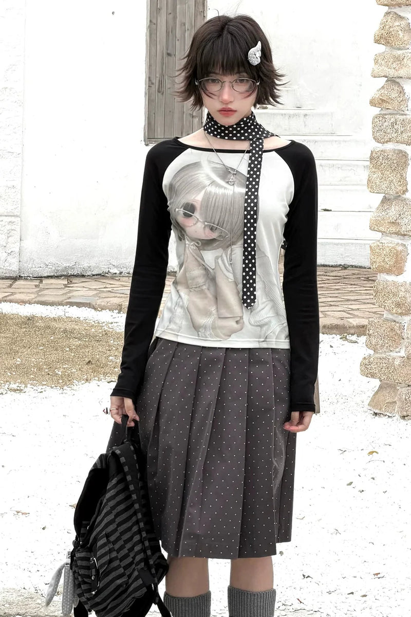 Black and White Raglan Top + Pleated Skirt