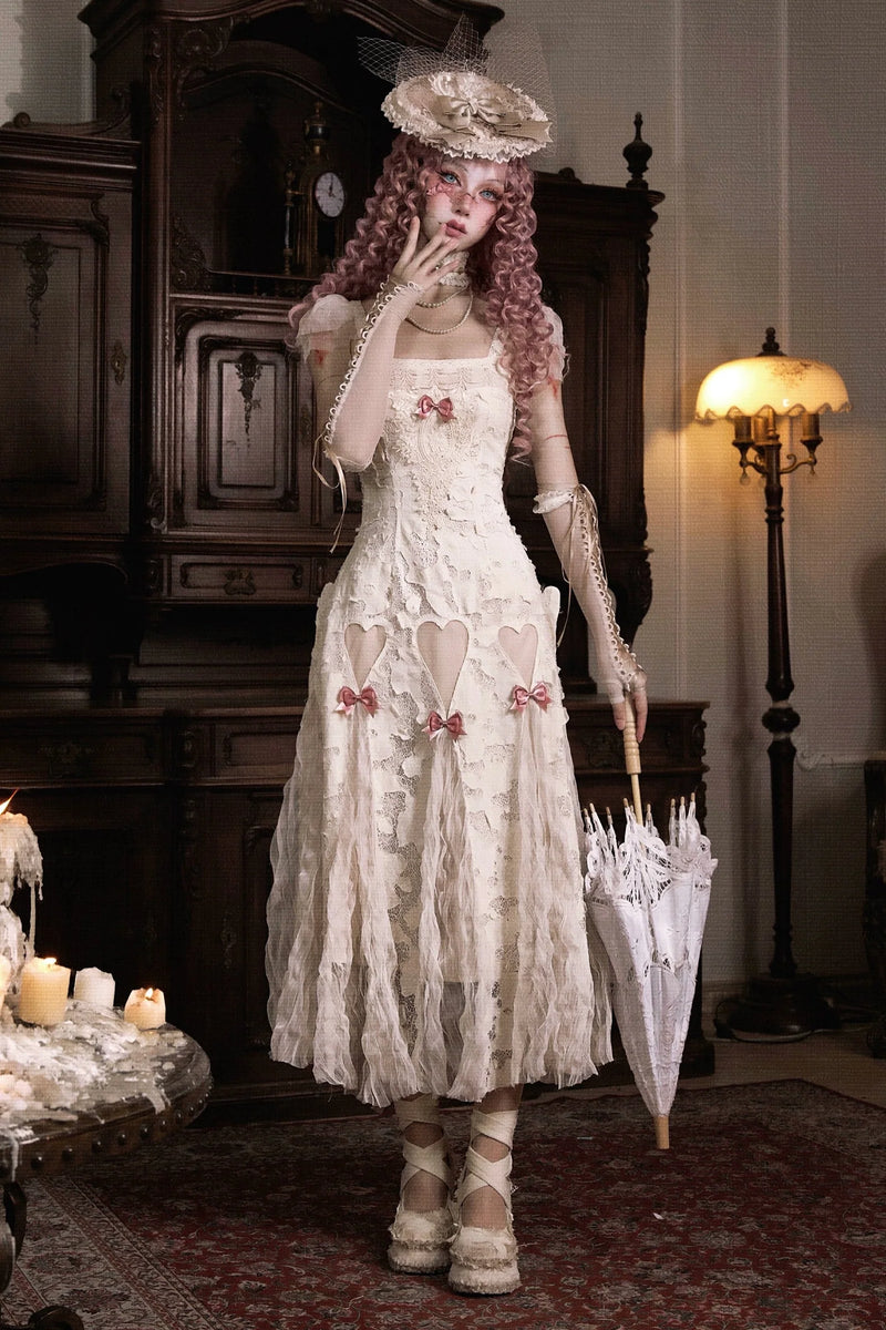 Cotton Love Heart Ribbon Cutout Lace Slip Dress