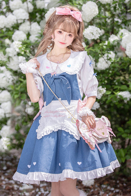 Light Raw Denim Lolita Jumper-skirt + Doll Innerwear + Apron
