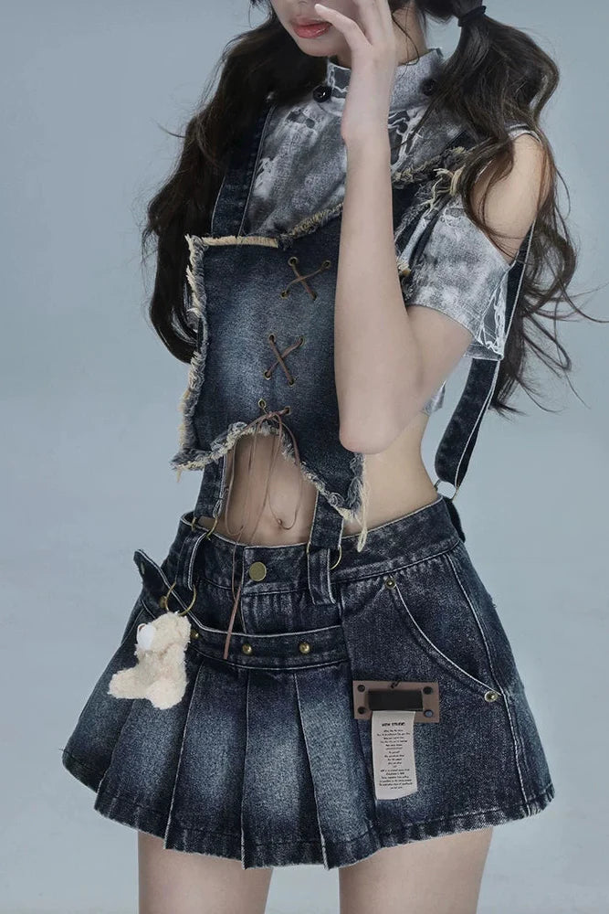 Y2k Star Denim Overall Skirt + Inner Top