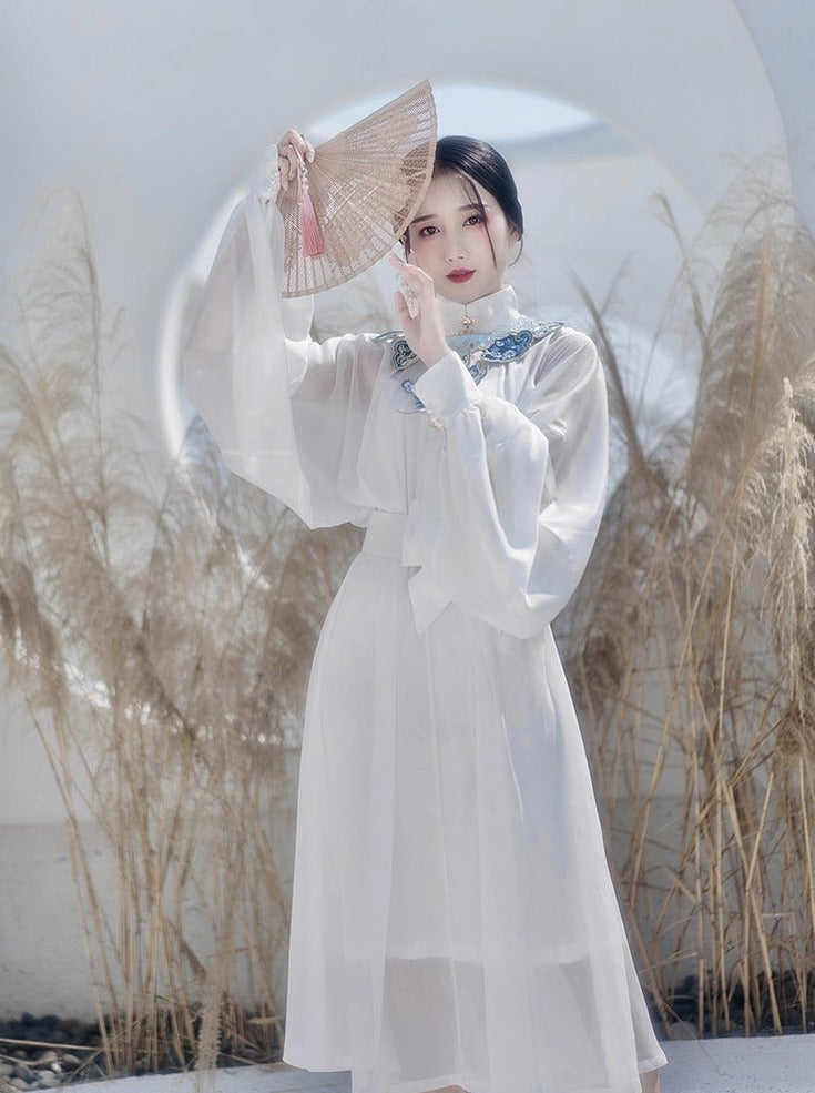 Waist Belt Sheer Stand Collar Puff Sleeve Dress
