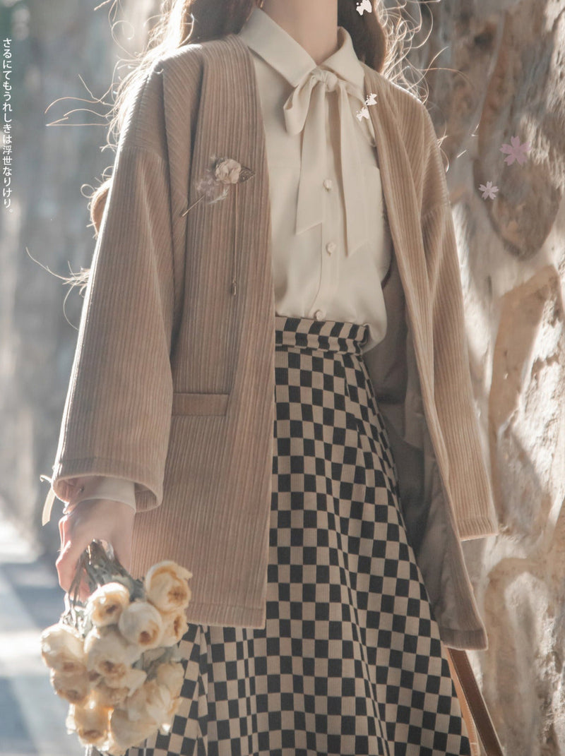 Sakura Note Showa Retro Haori Jacket + Chiffon Ribbon Shirt + Checkered Skirt + Dark Gray Skirt + Brooch