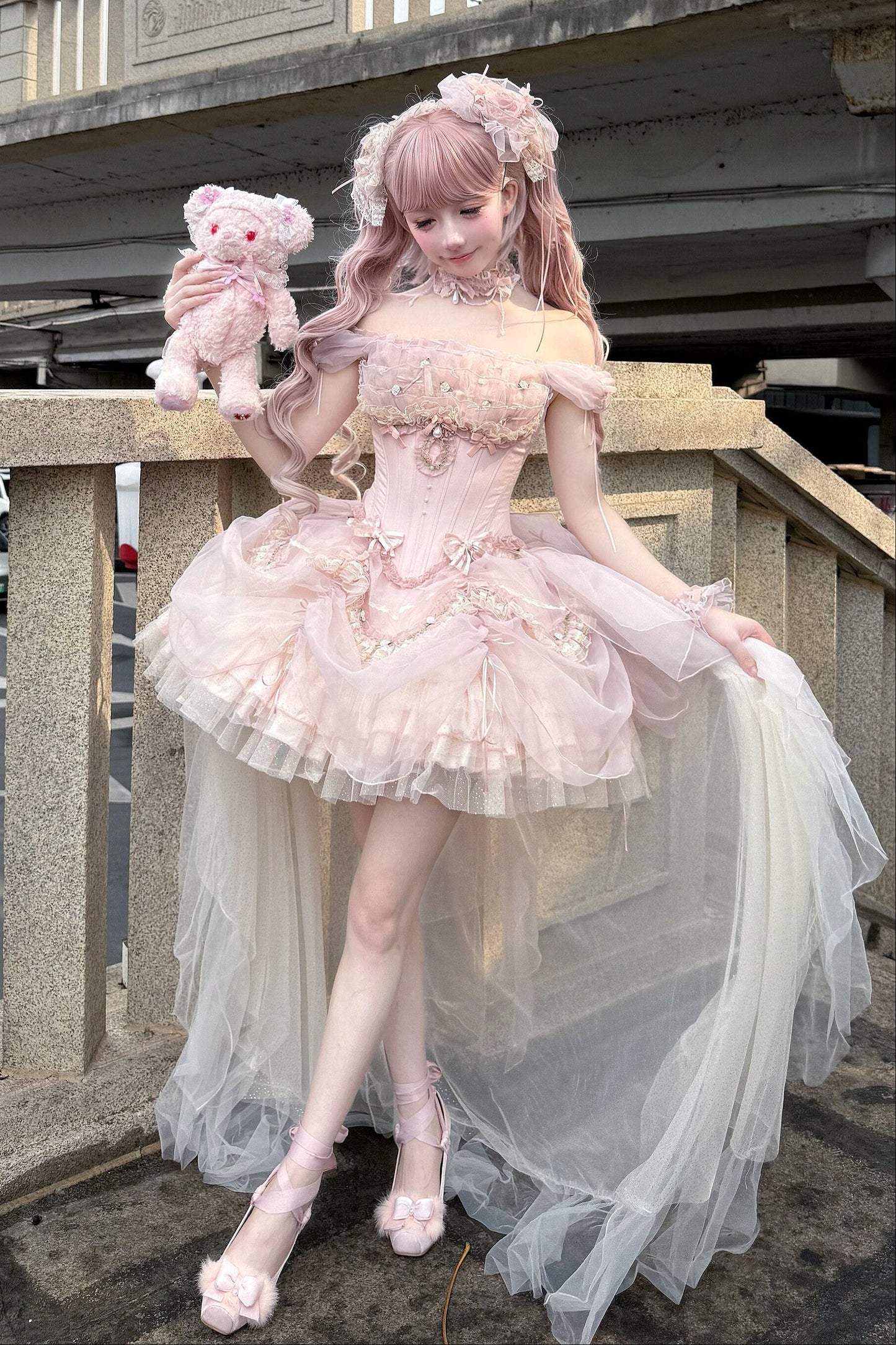 [pre-order Deadline: May 13] Pink Ballet Lolita Lace Ribbon Bustier Corset Top + Pull-up Tulle Tiered Skirt Set + Back Ribbon Train