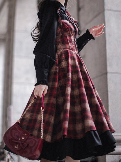 Retro Suit Black Ruffle Sleeve Shirt + Plaid Ruffle Shoulder Layered Dress + Ribbon Accessories [pre-order]