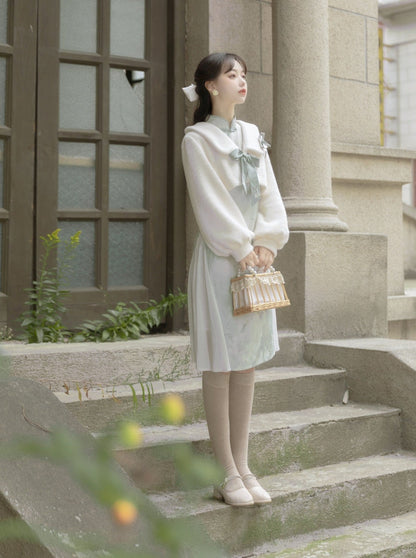 Retro Chinese-style Dress + Ribbon Short Fur Coat