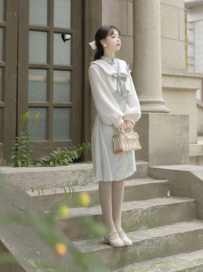 Retro Chinese-style Dress + Ribbon Short Fur Coat