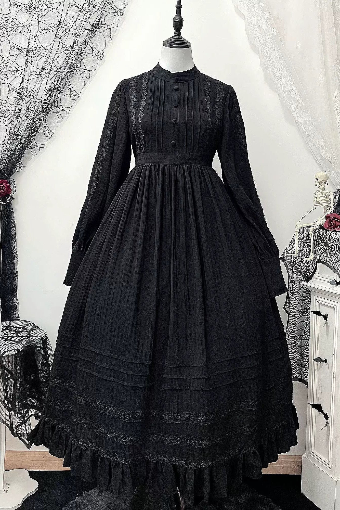Dark Gothic Long Dress + Lace Collar