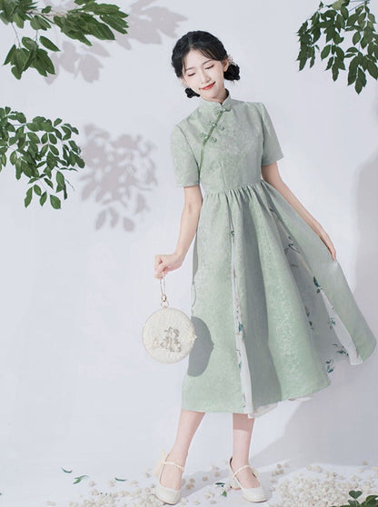 Retro Buckle Stand Collar High Waist Chinese-style Dress